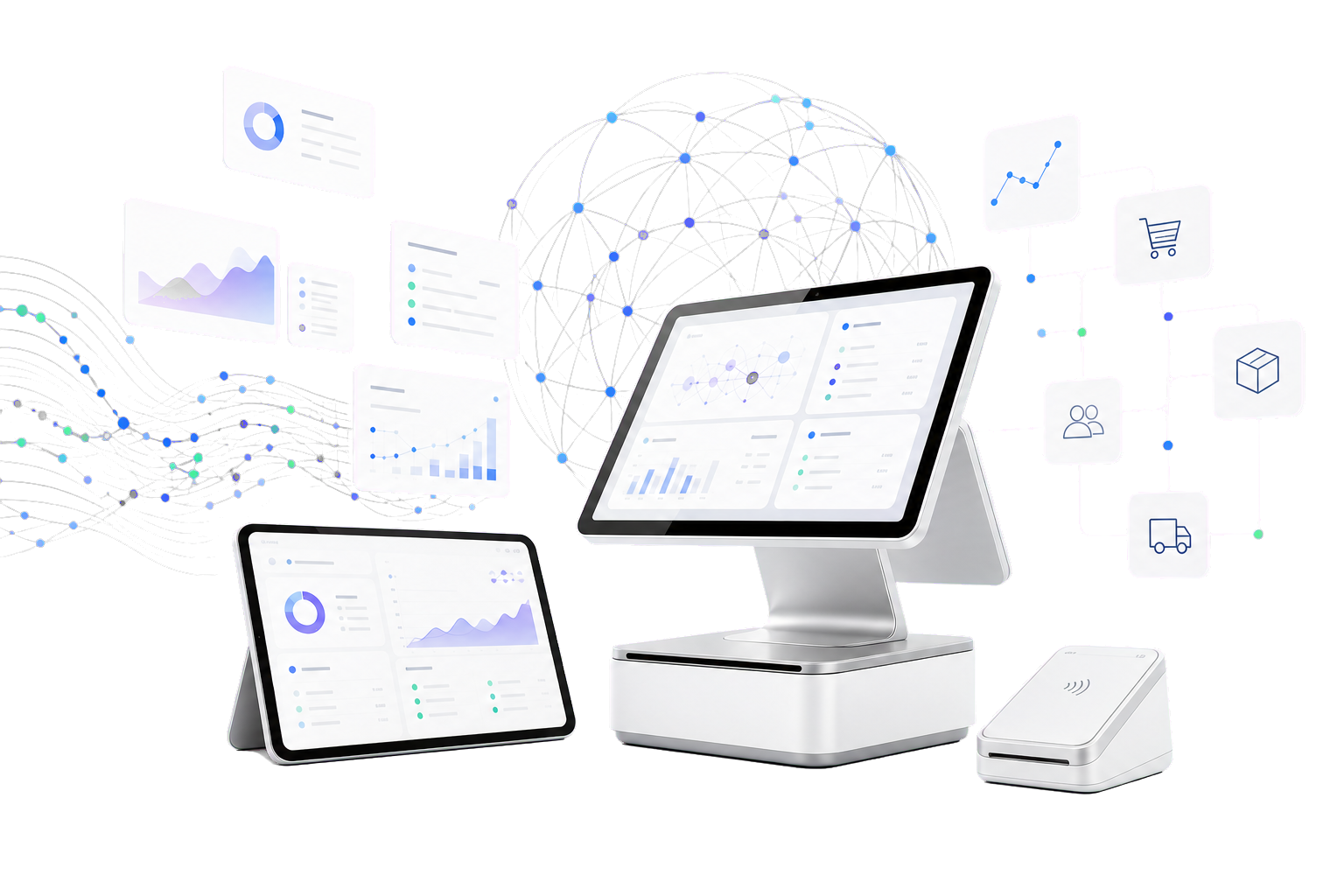 Clean transparent image of POS hardware with AI commerce analytics and workflow signals