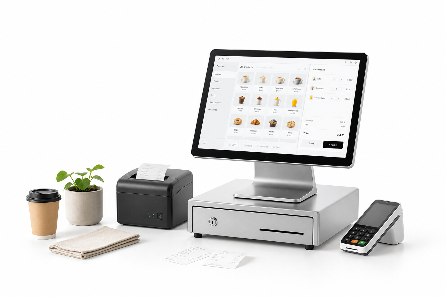 Clean white studio product image of a POS terminal, receipt printer, payment terminal, and checkout screen