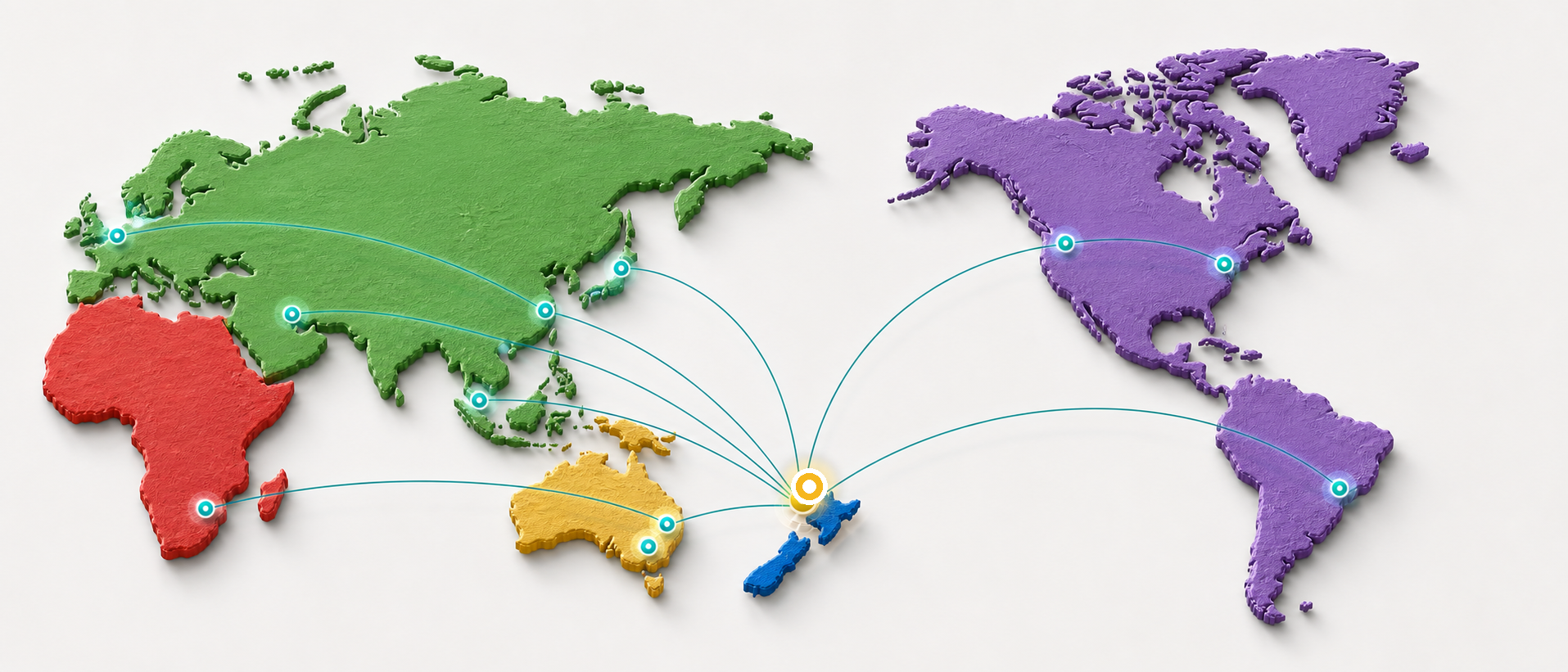 Clean global merchant network visual with New Zealand and Australia highlighted