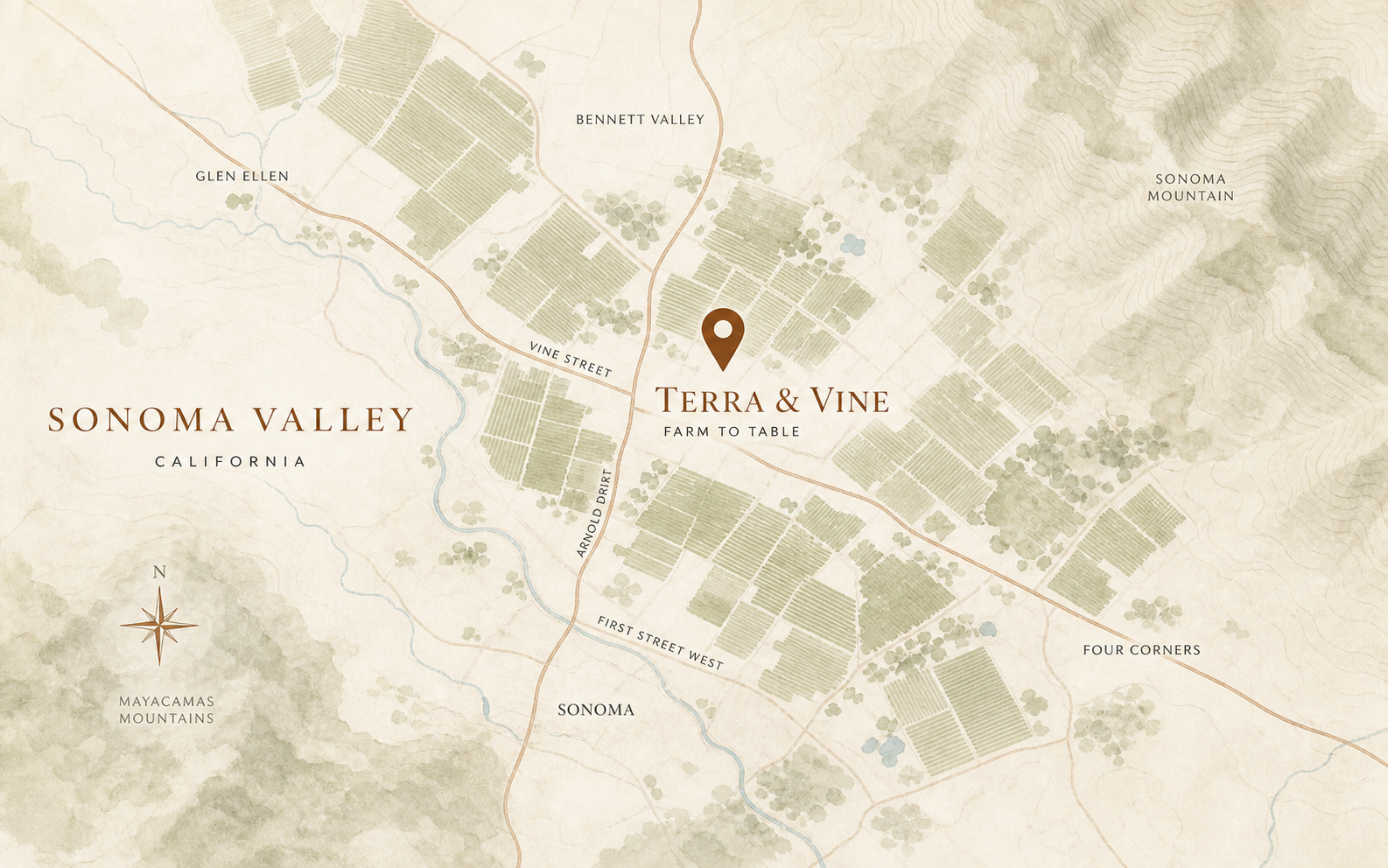 Stylized map showing Terra & Vine in Sonoma Valley