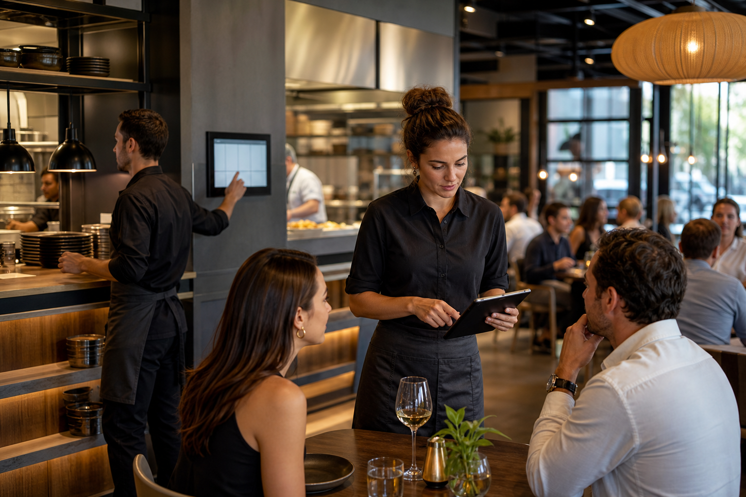 Restaurant staff coordinating table service and payment flow