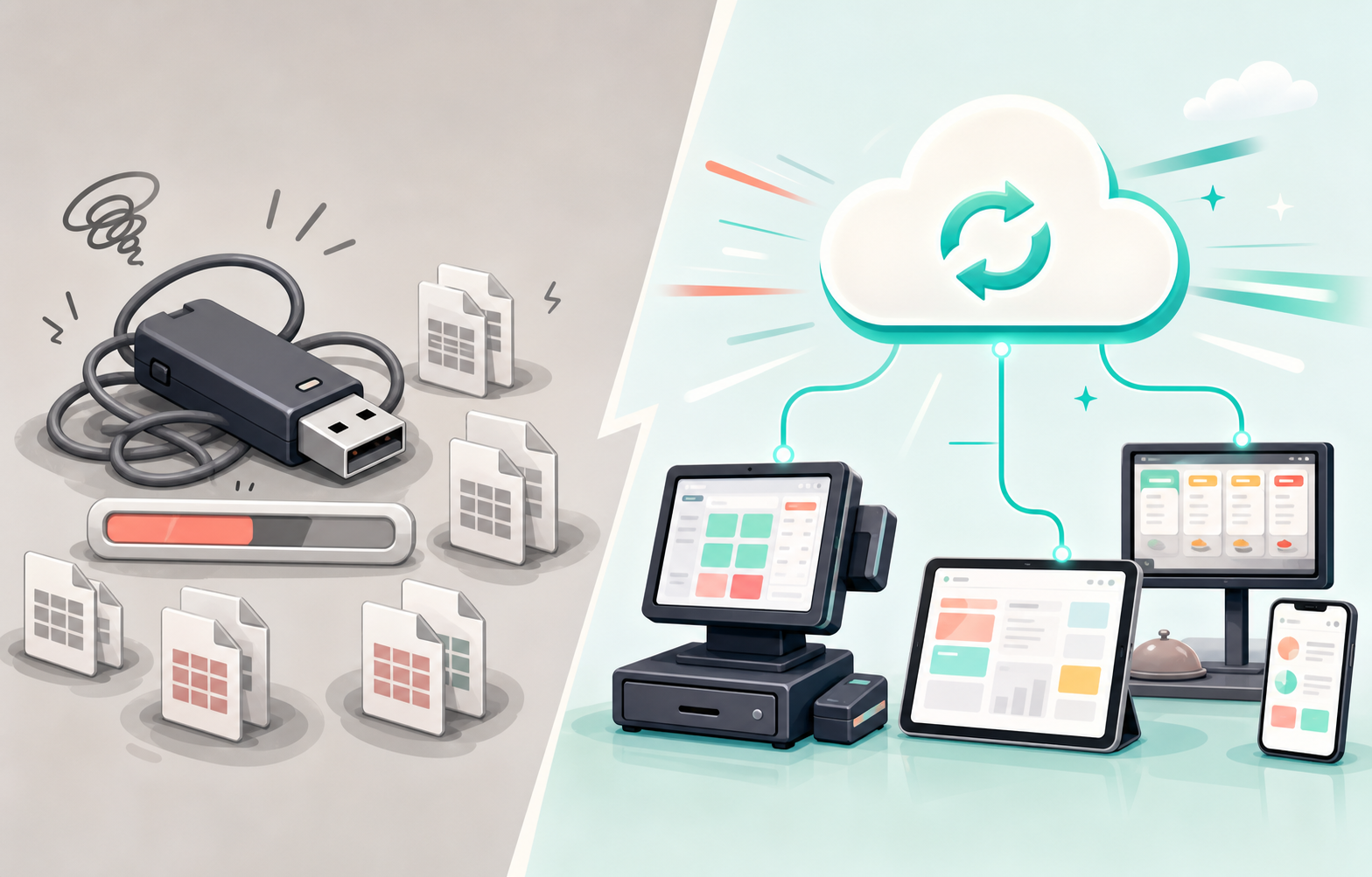 Cartoon comparison of outdated USB transfer and modern cloud sync across POS devices