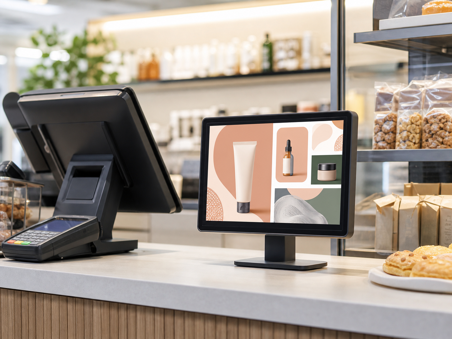 Photorealistic customer-facing promotion display in a retail counter area