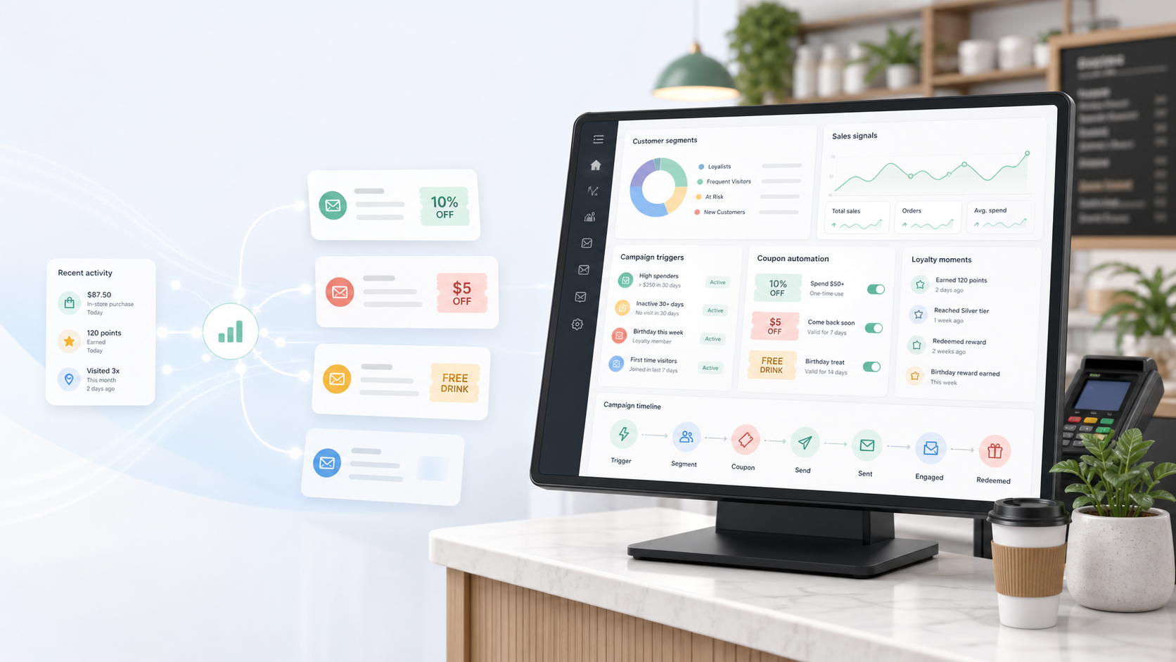 Automated marketing feature visual with customer segments and campaign triggers