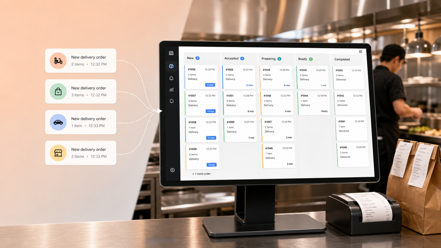 Delivery integrations feature visual with incoming order channels and kitchen flow