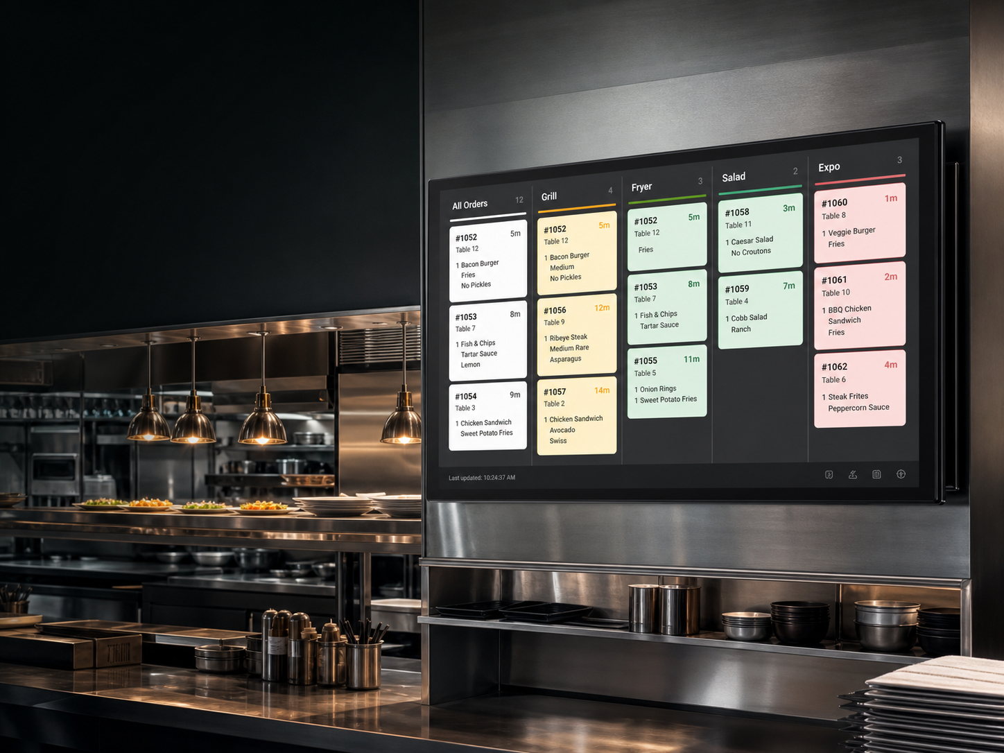 Photorealistic kitchen display screen with color coded order tickets
