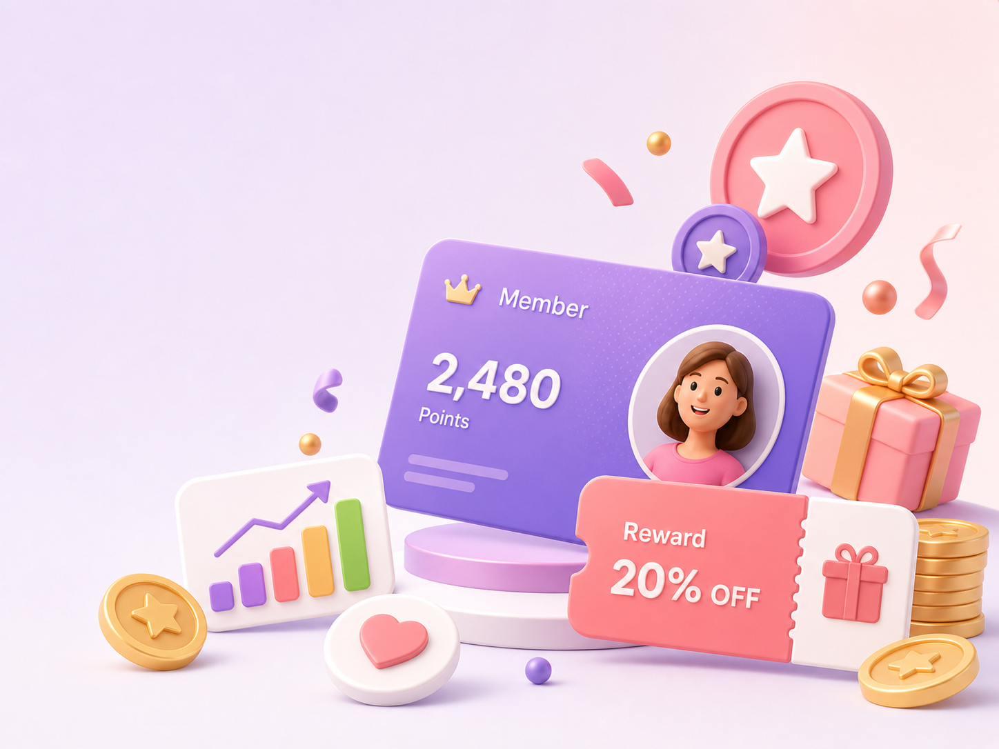 Colorful 3D loyalty points card and reward coupon