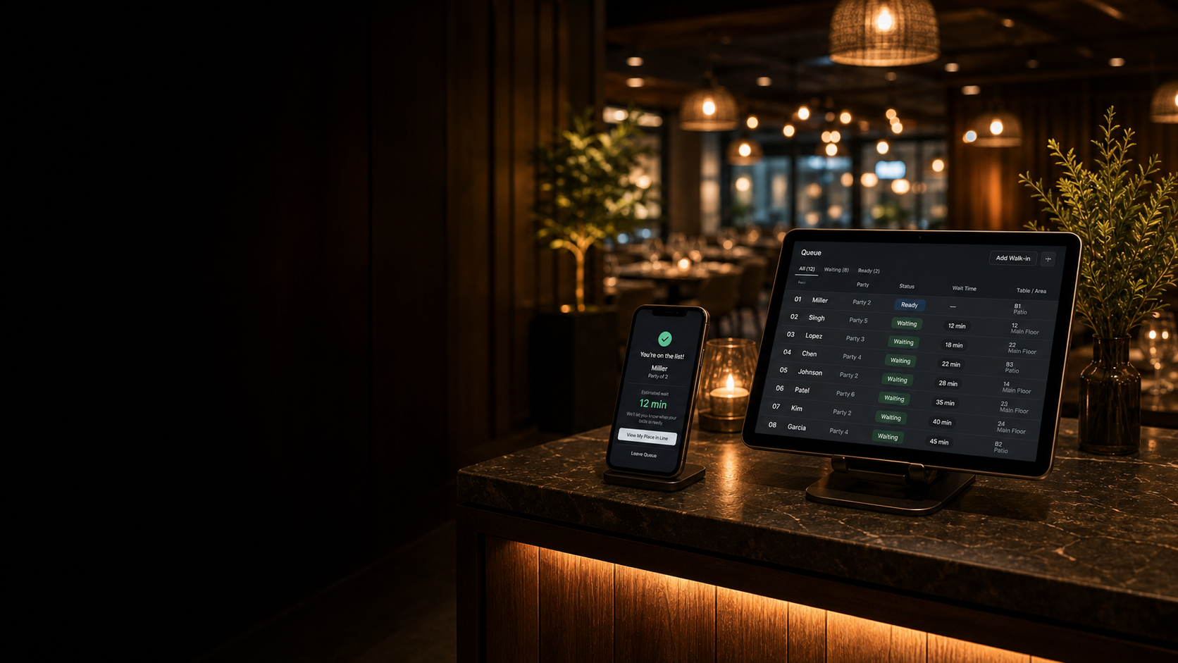 Online waitlist feature visual with guest queue and table status