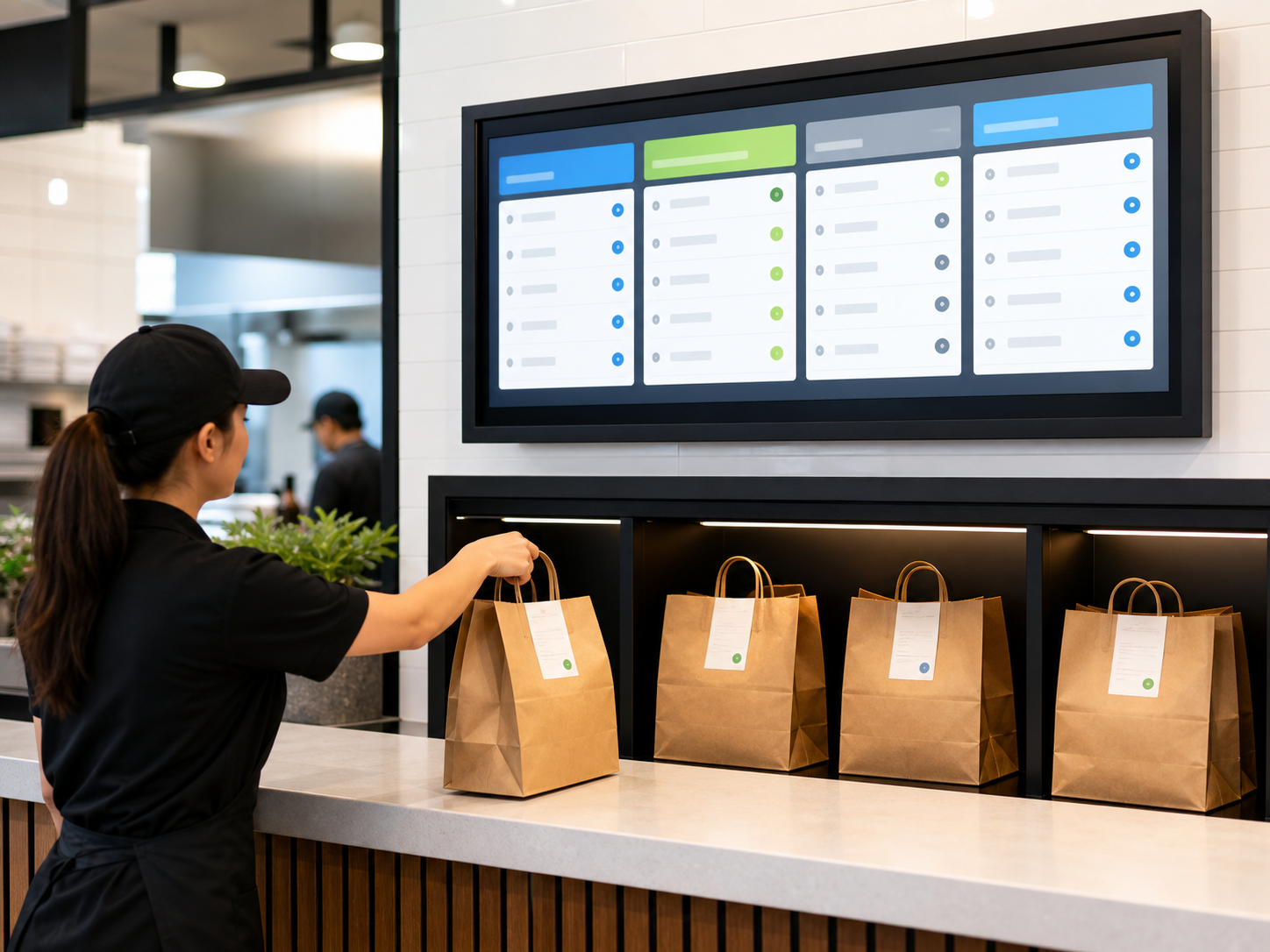 Photorealistic pickup display screen in a restaurant service area