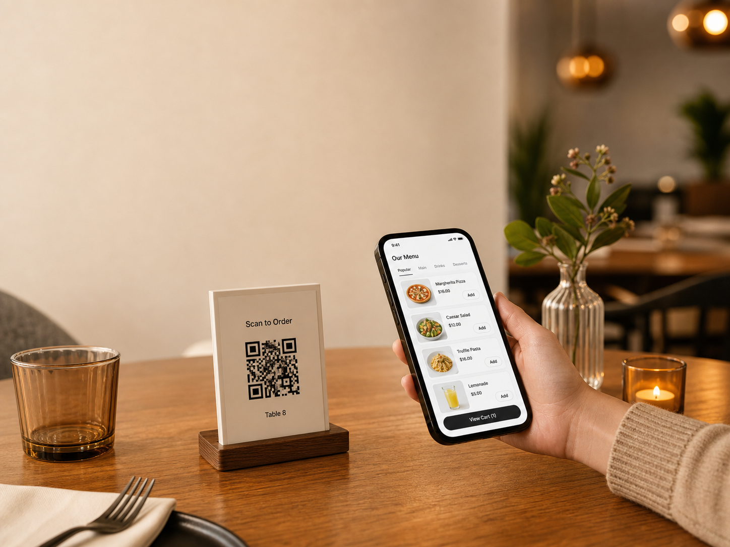 Photorealistic QR table tent and phone ordering screen