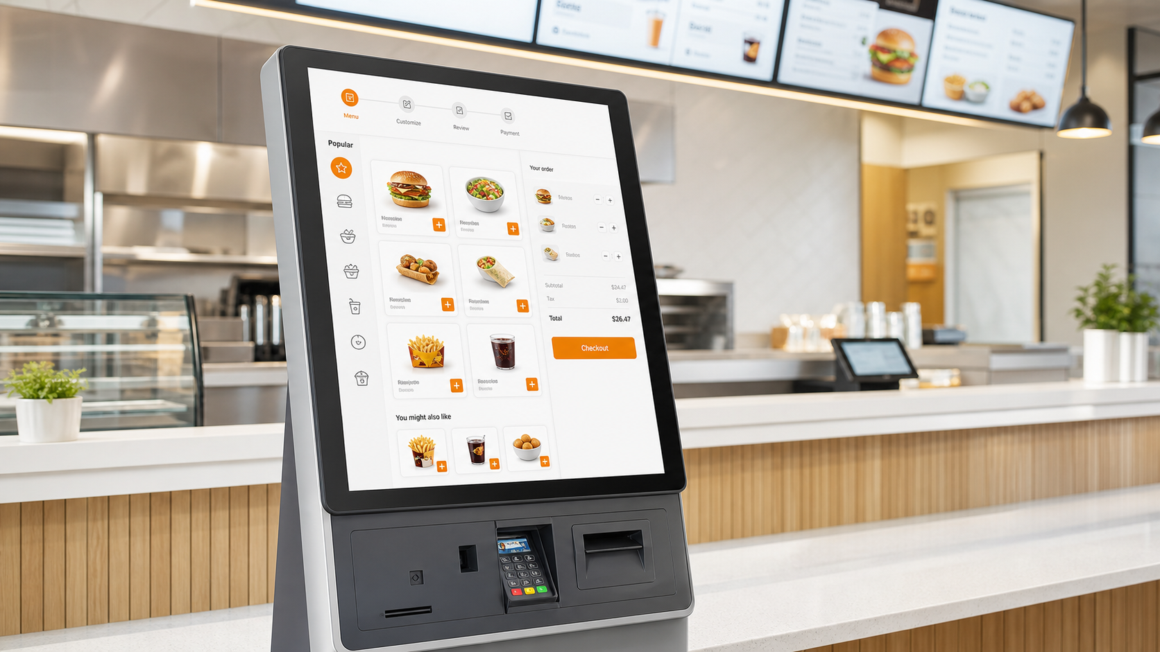 Self-ordering kiosk feature visual showing guided ordering and checkout