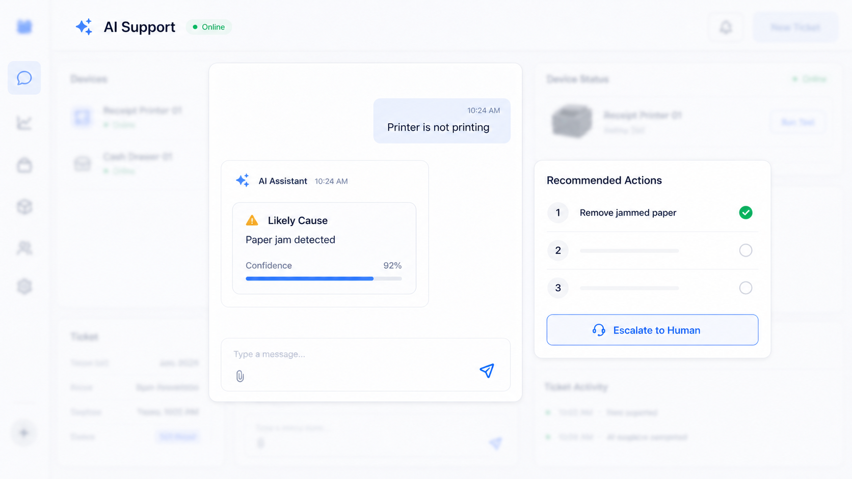 Nex AI customer support assistant with issue description, likely cause, troubleshooting steps, and escalation status