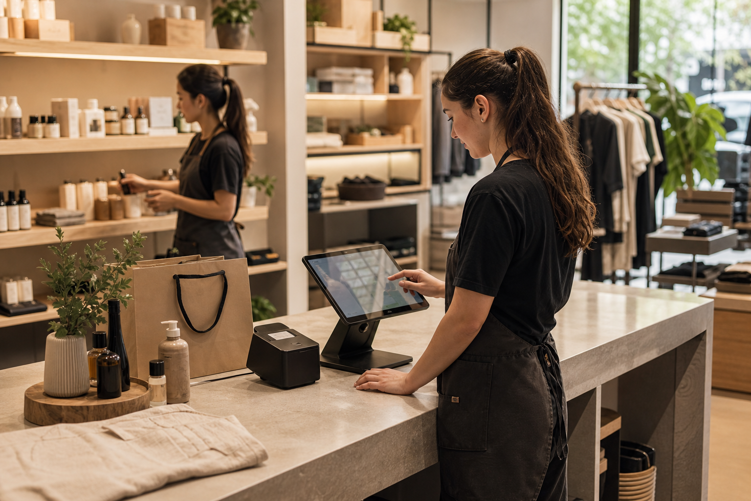 พนักงานขายปลีกที่ใช้ POS หน้าจอสัมผัสที่เคาน์เตอร์ชำระเงิน