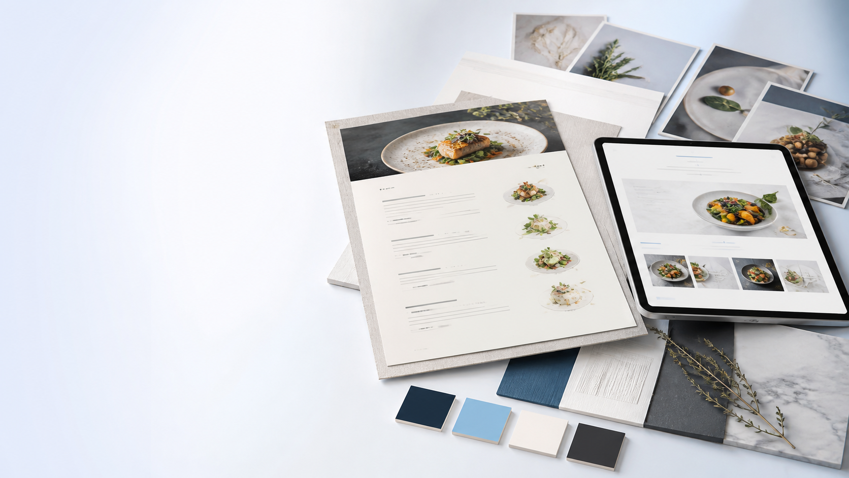 印刷メニュー、タブレット、料理写真、配色見本を組み合わせた上質なメニューデザイン